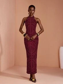 JIAN LASALA Mesh Halter Neck Backless Sleeveless Bodycon Women Long Dress - Red - View 4