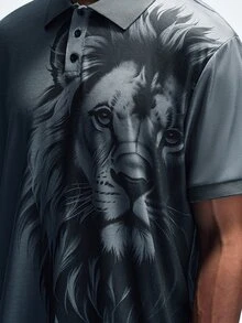 NobleFwd Men's Lion Print Short Sleeve Casual Polo Shirt, Summer/Commute - Dark Grey - View 3