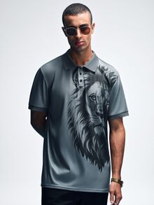 NobleFwd Men's Lion Print Short Sleeve Casual Polo Shirt, Summer/Commute - Dark Grey - View 1