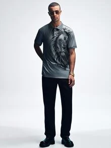 NobleFwd Men's Lion Print Short Sleeve Casual Polo Shirt, Summer/Commute - Dark Grey - View 4