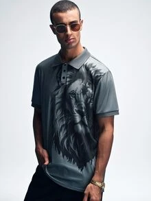 NobleFwd Men's Lion Print Short Sleeve Casual Polo Shirt, Summer/Commute - Dark Grey - View 5