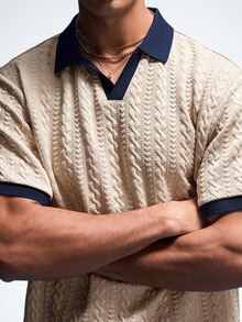 NobleFwd 男士撞色短袖休闲通勤 Polo 衫 男士针织 Polo 衫 米色 Polo 衫 男士 V 领针织衫 男士短袖毛衣 Polo 衫 男士纹理 Polo 衫 Old Money - 卡其色 - 查看 3