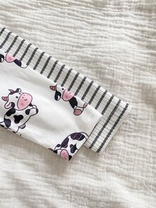 2 Pieces Newborn Long Sleeve Romper, Knitted Comfortable Soft Ribbed Fabric, Cute Cow Print Pattern With Embroidered Patch, Best Gift For Newborns, Home Wear, Versatile Fashion, Best Choice - Multicolor - View 4