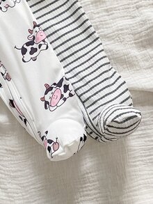 2 Pieces Newborn Long Sleeve Romper, Knitted Comfortable Soft Ribbed Fabric, Cute Cow Print Pattern With Embroidered Patch, Best Gift For Newborns, Home Wear, Versatile Fashion, Best Choice - Multicolor - View 5