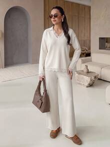 Rue Lumi New White V-Neck Lace Sweater Set Women Loose Knit Wide Leg Pants Sweater 2 Pieces Set - Beige - View 5