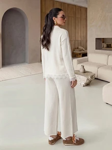 Rue Lumi New White V-Neck Lace Sweater Set Women Loose Knit Wide Leg Pants Sweater 2 Pieces Set - Beige - View 3