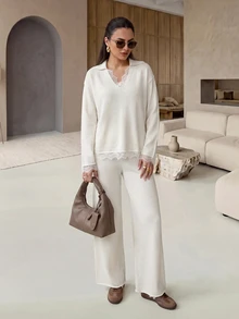 Rue Lumi New White V-Neck Lace Sweater Set Women Loose Knit Wide Leg Pants Sweater 2 Pieces Set - Beige - View 4