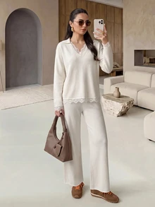 Rue Lumi New White V-Neck Lace Sweater Set Women Loose Knit Wide Leg Pants Sweater 2 Pieces Set - Beige - View 2