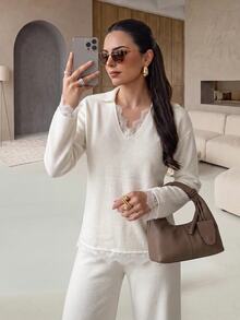 Rue Lumi New White V-Neck Lace Sweater Set Women Loose Knit Wide Leg Pants Sweater 2 Pieces Set - Beige - View 6