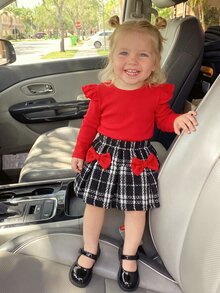 SHEIN BABY Girs 2-Piece Set Autumn Toddler Girls Red Ribbed Knit Ruffle Long Sleeve T-Shirt And Plaid Pleated Skirt With Bows Outfits Fall Clothing - Red - View 10