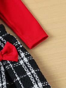 SHEIN BABY Girs 2-Piece Set Autumn Toddler Girls Red Ribbed Knit Ruffle Long Sleeve T-Shirt And Plaid Pleated Skirt With Bows Outfits Fall Clothing - Red - View 7