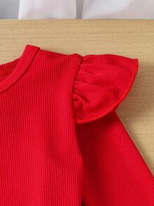 SHEIN BABY Girs 2-Piece Set Autumn Toddler Girls Red Ribbed Knit Ruffle Long Sleeve T-Shirt And Plaid Pleated Skirt With Bows Outfits Fall Clothing - Red - View 8