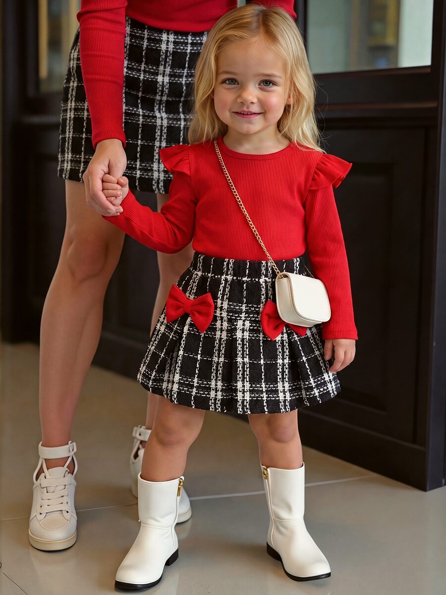 SHEIN BABY Girs 2-Piece Set Autumn Toddler Girls Red Ribbed Knit Ruffle Long Sleeve T-Shirt And Plaid Pleated Skirt With Bows Outfits Fall Clothing - Red - View 1