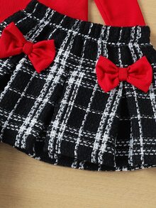 SHEIN BABY Girs 2-Piece Set Autumn Toddler Girls Red Ribbed Knit Ruffle Long Sleeve T-Shirt And Plaid Pleated Skirt With Bows Outfits Fall Clothing - Red - View 5