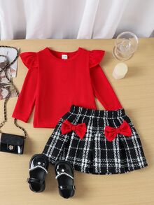 SHEIN BABY Girs 2-Piece Set Autumn Toddler Girls Red Ribbed Knit Ruffle Long Sleeve T-Shirt And Plaid Pleated Skirt With Bows Outfits Fall Clothing - Red - View 6