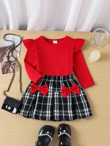 SHEIN BABY Girs 2-Piece Set Autumn Toddler Girls Red Ribbed Knit Ruffle Long Sleeve T-Shirt And Plaid Pleated Skirt With Bows Outfits Fall Clothing - Red - View 4
