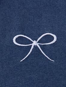 Tween Girls Daily Casual Cotton Denim Shirt, Lapel Long‑Sleeve Button‑Front Blouse With Bow Embroidery For School - Dark Wash - View 6