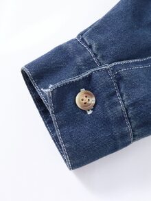 Tween Girls Daily Casual Cotton Denim Shirt, Lapel Long‑Sleeve Button‑Front Blouse With Bow Embroidery For School - Dark Wash - View 4