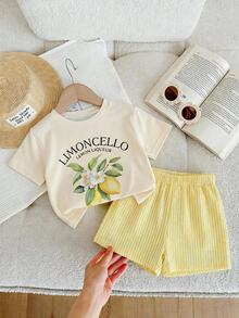 2pcs Young Girl League Print Casual Cute Minimalist Short Sleeve Shorts Set, Suitable For Summer Vacation Pastel Yellow - Multicolor - View 4