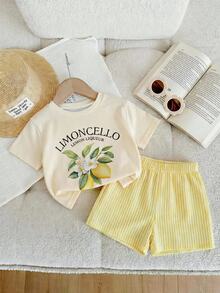 2pcs Young Girl League Print Casual Cute Minimalist Short Sleeve Shorts Set, Suitable For Summer Vacation Pastel Yellow - Multicolor - View 5