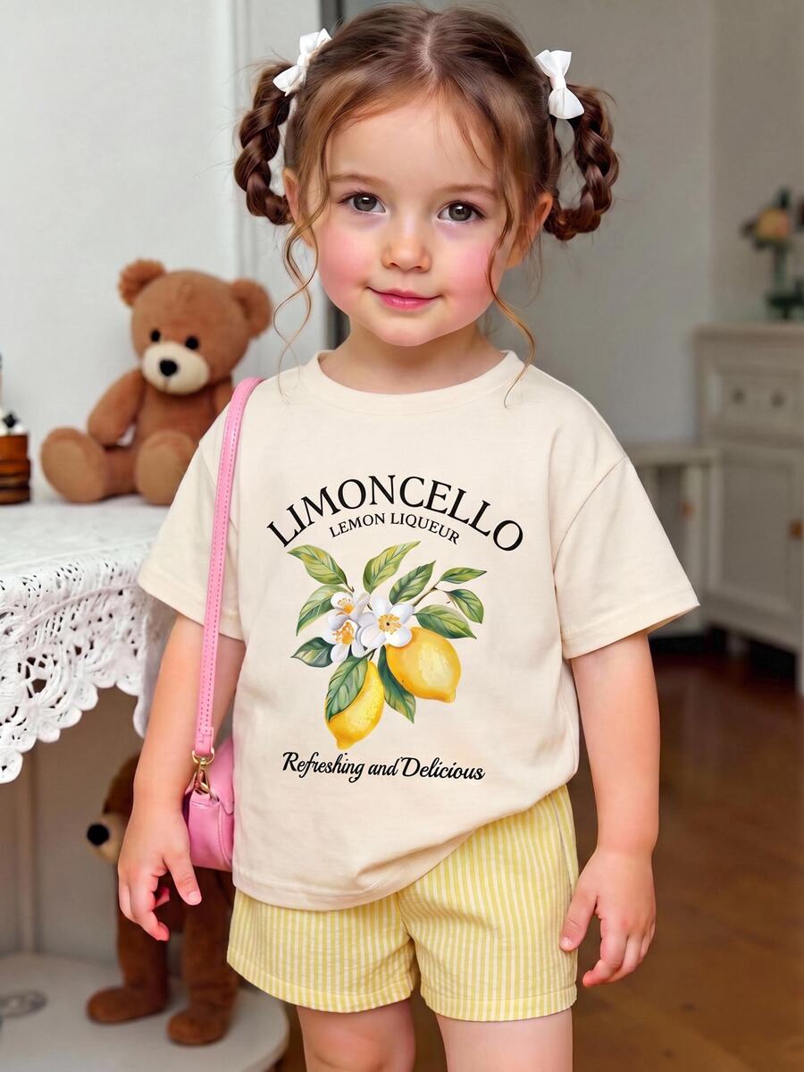 2pcs Young Girl League Print Casual Cute Minimalist Short Sleeve Shorts Set, Suitable For Summer Vacation Pastel Yellow - Multicolor - View 1