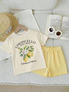 2pcs Young Girl League Print Casual Cute Minimalist Short Sleeve Shorts Set, Suitable For Summer Vacation Pastel Yellow - Multicolor - View 3