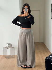 Coolane 女款大尺碼夏秋外出度假海灘波希米亞休閒卡其色條紋拼接中腰弧形下擺寬腿褲 - 卡其色 - 查看 4