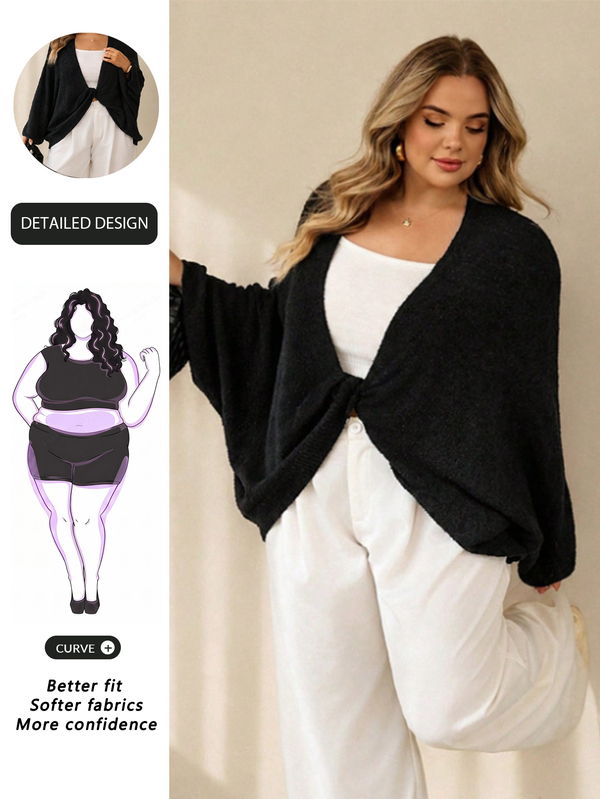 SHEIN CURVE+ ملابس علوية نسائية مقاس كبير بلون بيج أنيقة للخريف، محبوكة بياقة على شكل حرف V وأكمام طويلة مع ربطة أمامية، أكمام فراشة ناعمة، مناسبة للمناسبات الرسمية والخاصة