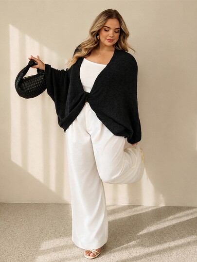 SHEIN CURVE+ Plus Size Women's Beige Elegant Autumn Brunch Knit V-Neck Long Sleeve Tie-Front Top, Soft Butterfly Sleeve Blouse, Suitable For Formal Special Occasions