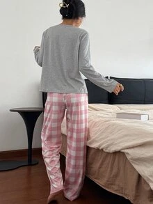Napfluff 女款格紋印花圓領長袖長褲睡衣套裝 - 彩色 - 查看 2
