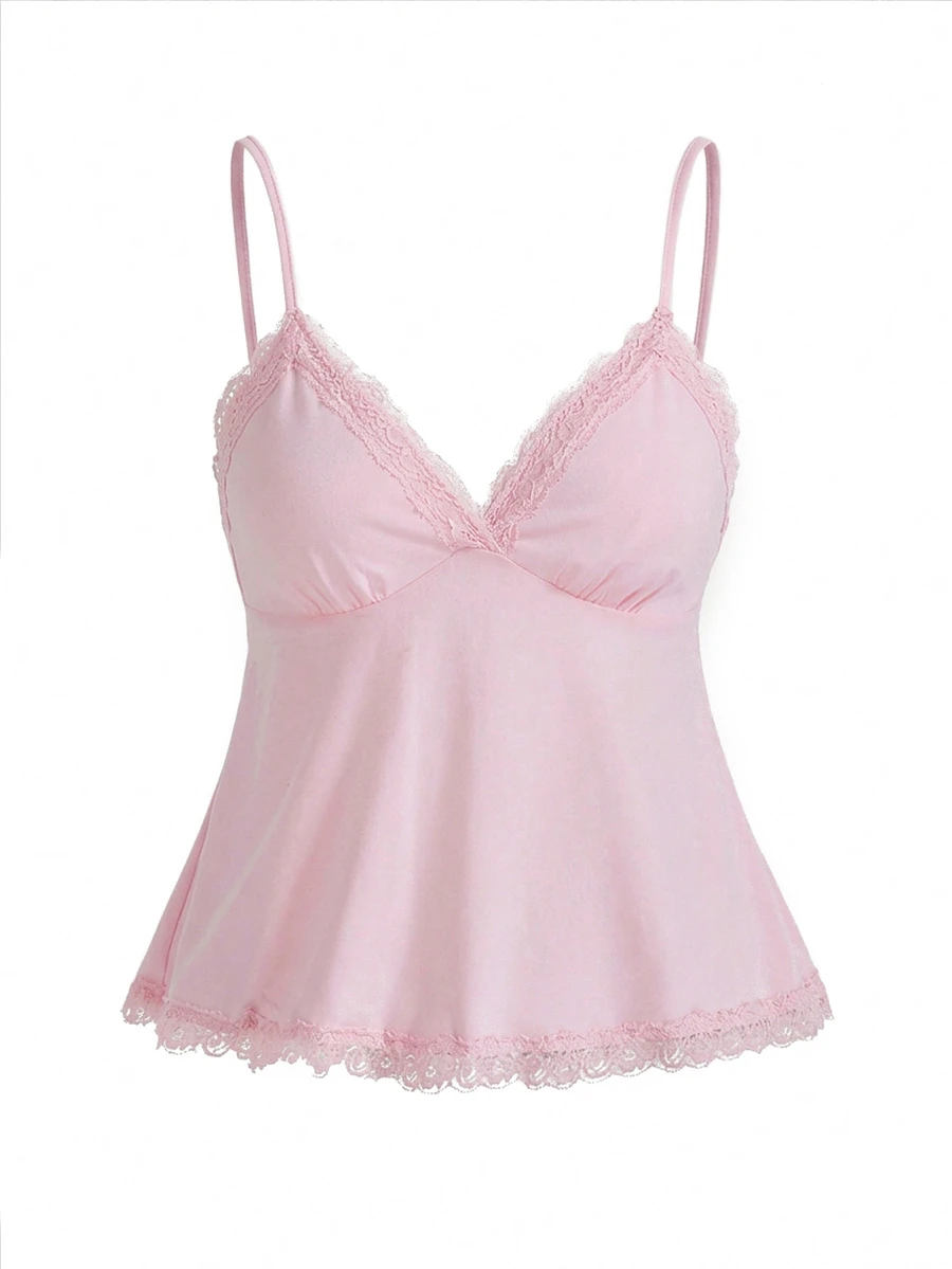 ROMWE Fairycore Camiseta de encaje para mujer de talla grande - Rosa - Ver 1