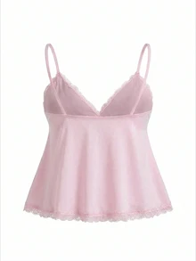 ROMWE Fairycore Camiseta de encaje para mujer de talla grande - Rosa - Ver 2
