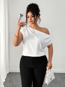 Elenzga Plus Size Women's Asymmetric Neck Versatile Casual Blouse, Suitable For Spring/Summer, Commuting, Daily Wear, And Romantic Occasions - White - View 1