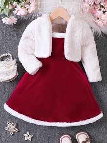 SHEIN Young Girl Open Front Teddy Jacket & Contrast Trim Cami Dress - Multicolor - View 5