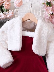 SHEIN Young Girl Open Front Teddy Jacket & Contrast Trim Cami Dress - Multicolor - View 3