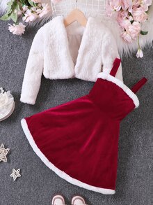 SHEIN Young Girl Open Front Teddy Jacket & Contrast Trim Cami Dress - Multicolor - View 1