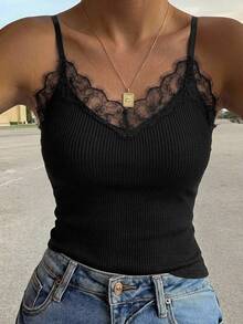 DAZY Women's Fashion Versatile Lace Patchwork Camisole - Black - View 2