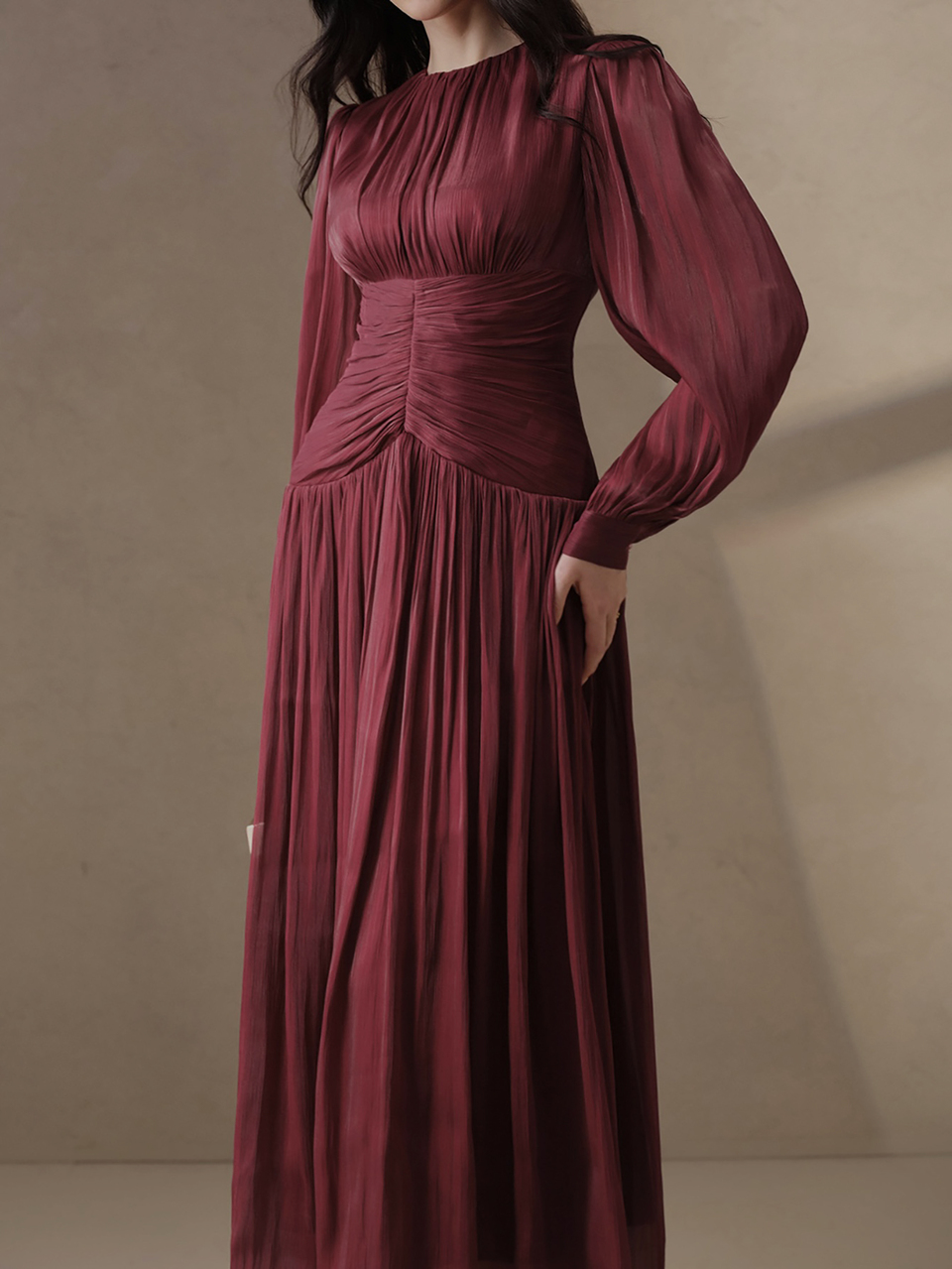 Anewsta Women's Burgundy Shiny Fabric Pleated Waist Elegant Party Casual Long Dress Wedding Guest Evening Gown