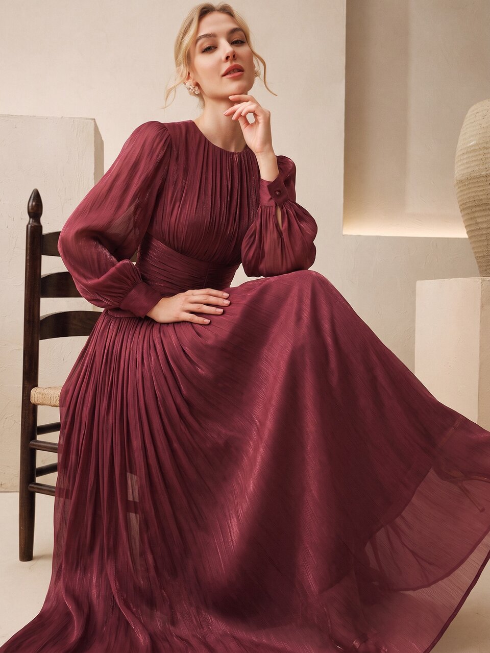 Anewsta Women's Burgundy Shiny Fabric Pleated Waist Elegant Party Casual Long Dress Wedding Guest Evening Gown