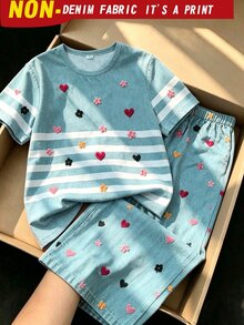 SHEIN Girls' 2-Piece Set! Cute Printed T-Shirt Top + Color Block Striped Casual Straight Leg Pants, Simple Loose Fit Comfortable, Exquisite Printed Details - Blue - View 1