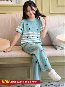 SHEIN Girls' 2-Piece Set! Cute Printed T-Shirt Top + Color Block Striped Casual Straight Leg Pants, Simple Loose Fit Comfortable, Exquisite Printed Details - Blue - View 3