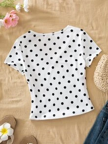SHEIN Girls' Polka Dot V-Neck Short Sleeve T-Shirt, Summer Kids Lace Splicing Slim Fit Sweet & Spicy Crop Top - White - View 5