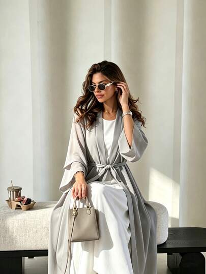 Al Najma 1pc Women Open Front Abaya Cardigan+Hijab, Double Layer Sleeve Maxi Kimono With Waist Tie, Modest Dubai Fashion Outerwear