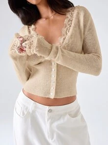 LYSMO Women's Contrast Lace Single-Breasted Knit Thin Cardigan - Khaki - View 3