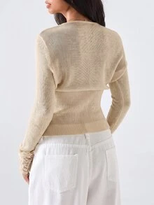 LYSMO Women's Contrast Lace Single-Breasted Knit Thin Cardigan - Khaki - View 2