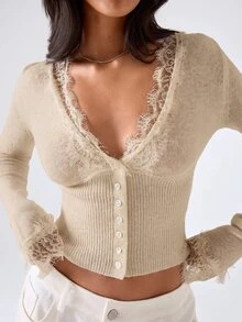LYSMO Women's Contrast Lace Single-Breasted Knit Thin Cardigan - Khaki - View 1