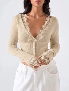 LYSMO Women's Contrast Lace Single-Breasted Knit Thin Cardigan - Khaki - View 6