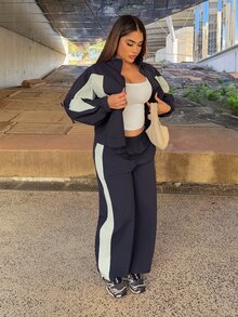 Maria Perezxox 2件套女士撞色拼布夹克和裤子套装 - 彩色 - 查看 3