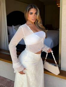 Maria Perezxox Women's Delicate Textured Lightweight Sheer Cardigan, Short Pearl Button Shrug For Summer - White - View 4