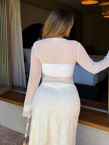 Maria Perezxox Women's Delicate Textured Lightweight Sheer Cardigan, Short Pearl Button Shrug For Summer - White - View 2